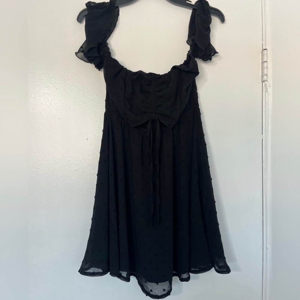 Showpo black ruffle polka dot sun dress cut out front tie 6 M off the shoulder